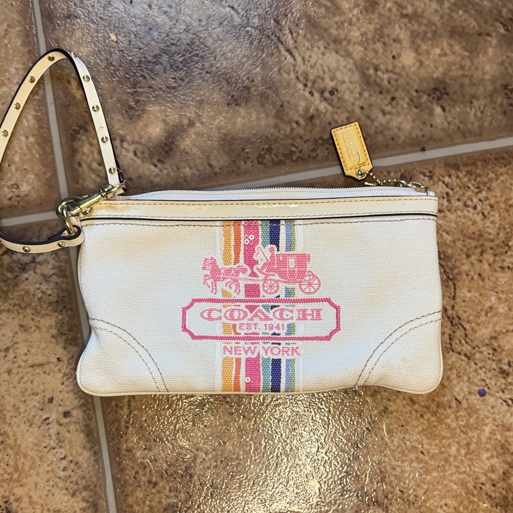 Coach White and Pink Wristlet with Multicolor Stripes